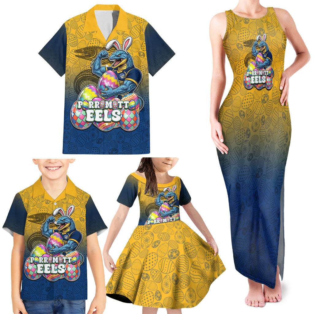 Personalized Parramatta Eels Family Matching Tank Maxi Dress and Hawaiian Shirt Easter Mascot - Colorful Eggs Cartoon Style