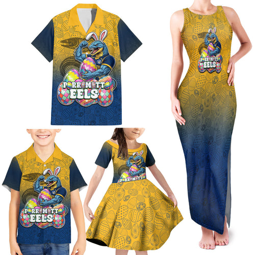 Personalized Parramatta Eels Family Matching Tank Maxi Dress and Hawaiian Shirt Easter Mascot - Colorful Eggs Cartoon Style