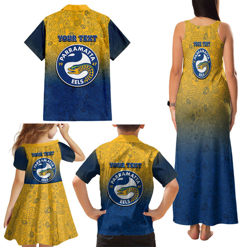 Personalized Parramatta Eels Family Matching Tank Maxi Dress and Hawaiian Shirt Easter Mascot - Colorful Eggs Cartoon Style