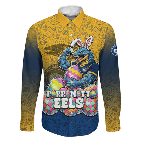 Personalized Parramatta Eels Family Matching Tank Maxi Dress and Hawaiian Shirt Easter Mascot - Colorful Eggs Cartoon Style
