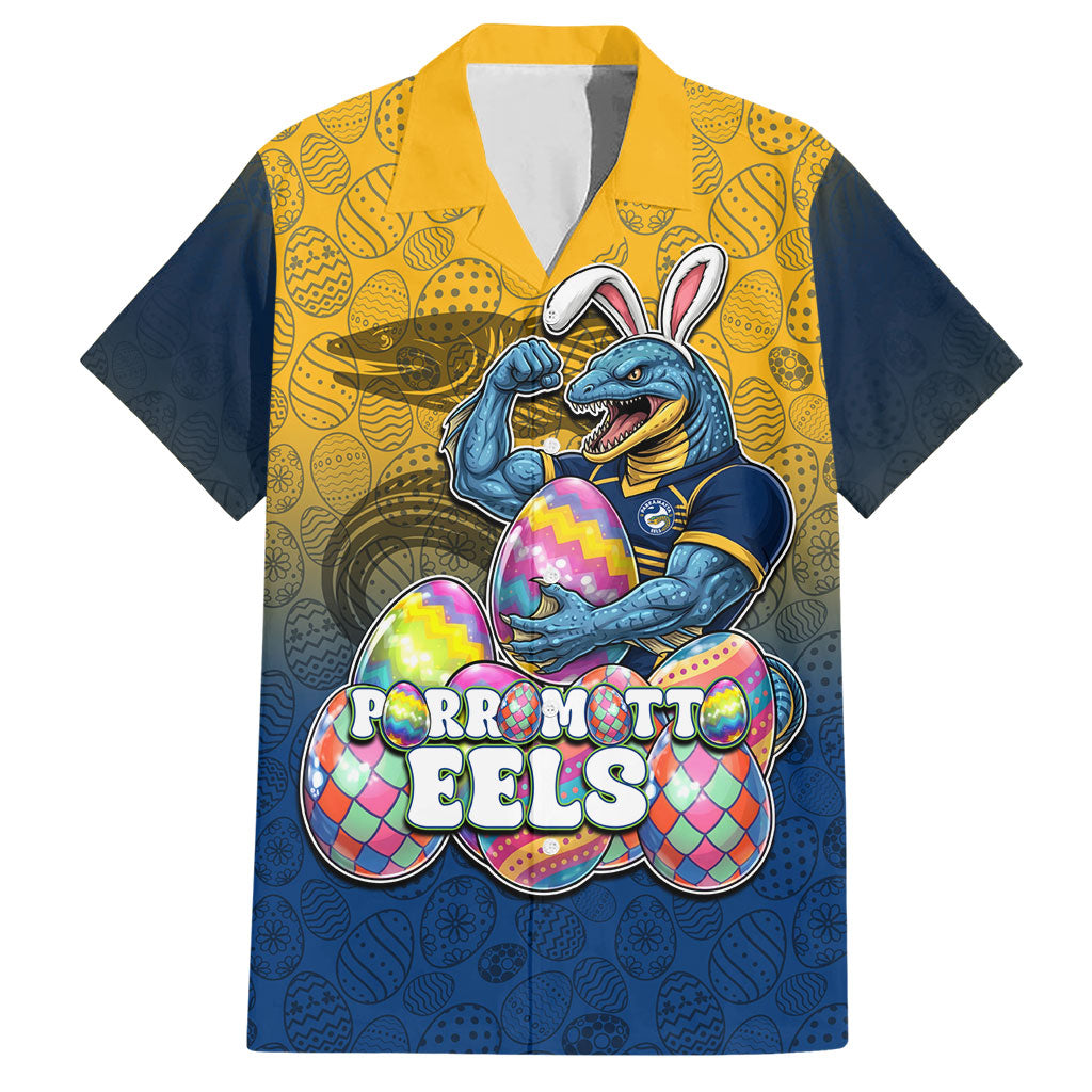 Personalized Parramatta Eels Hawaiian Shirt Easter Mascot - Colorful Eggs Cartoon Style