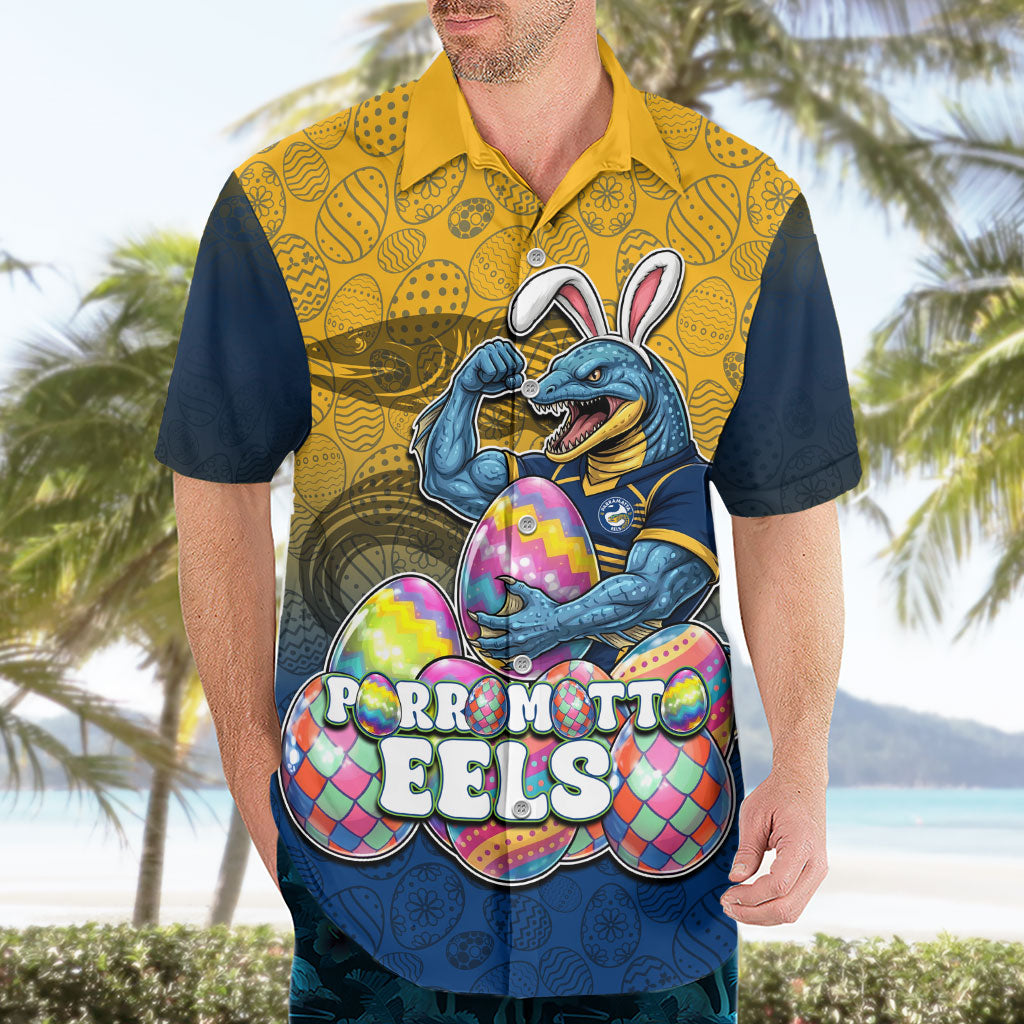 Personalized Parramatta Eels Hawaiian Shirt Easter Mascot - Colorful Eggs Cartoon Style