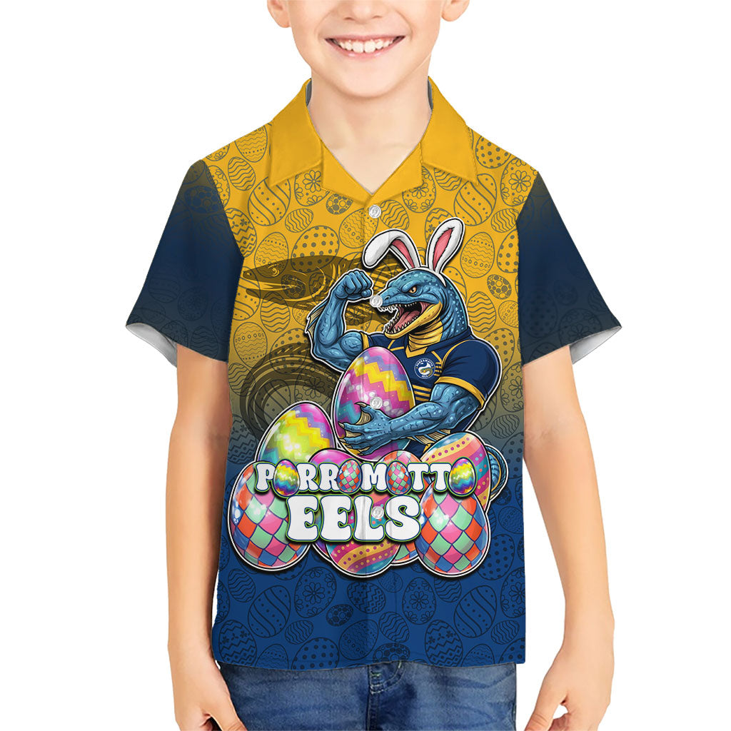 Personalized Parramatta Eels Hawaiian Shirt Easter Mascot - Colorful Eggs Cartoon Style