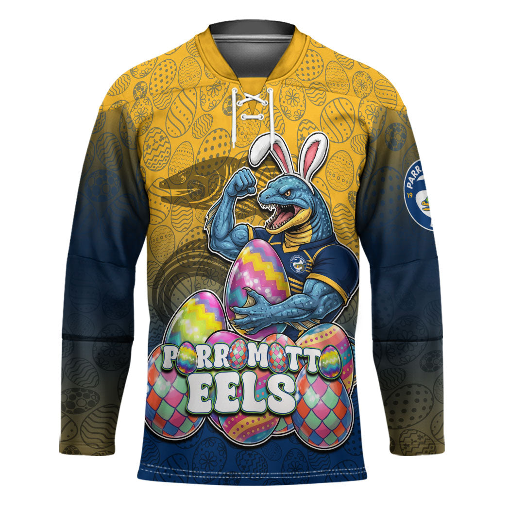 Personalized Parramatta Eels Hockey Jersey Easter Mascot - Colorful Eggs Cartoon Style