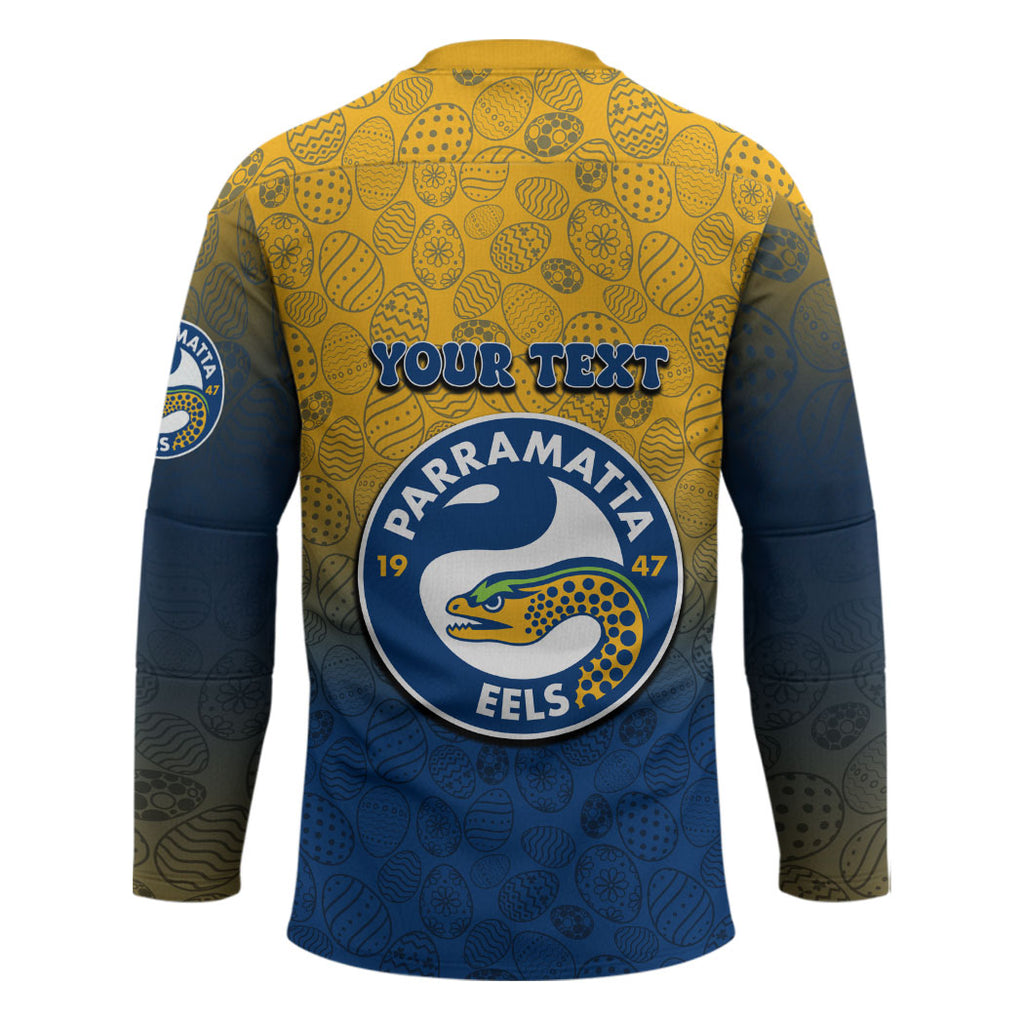 Personalized Parramatta Eels Hockey Jersey Easter Mascot - Colorful Eggs Cartoon Style