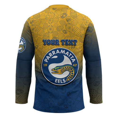 Personalized Parramatta Eels Hockey Jersey Easter Mascot - Colorful Eggs Cartoon Style