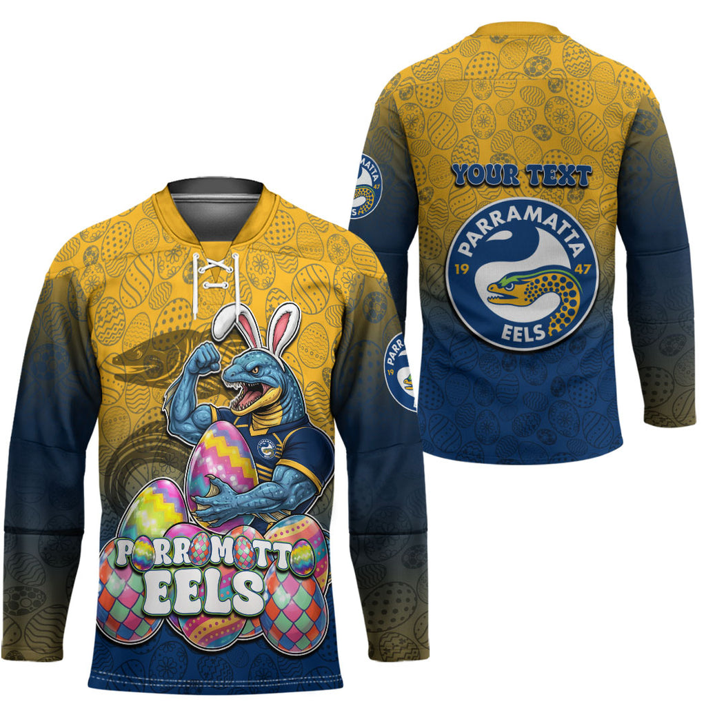 Personalized Parramatta Eels Hockey Jersey Easter Mascot - Colorful Eggs Cartoon Style