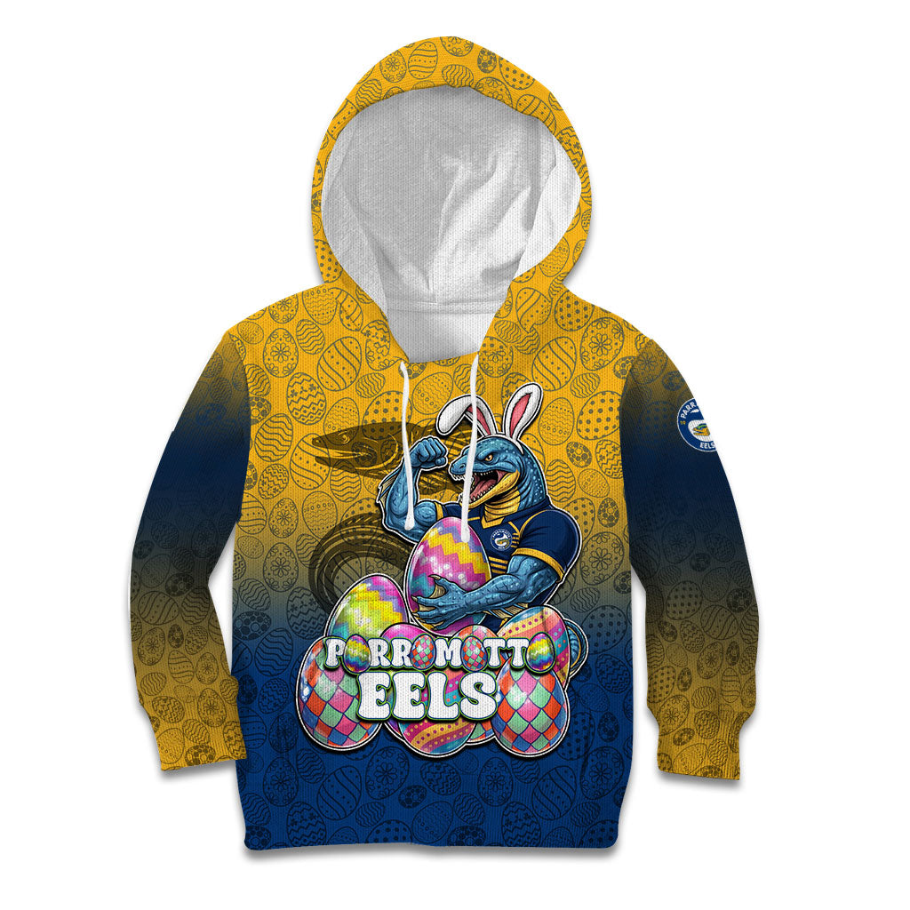 Personalized Parramatta Eels Kid Hoodie Easter Mascot - Colorful Eggs Cartoon Style