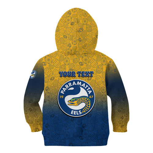 Personalized Parramatta Eels Kid Hoodie Easter Mascot - Colorful Eggs Cartoon Style