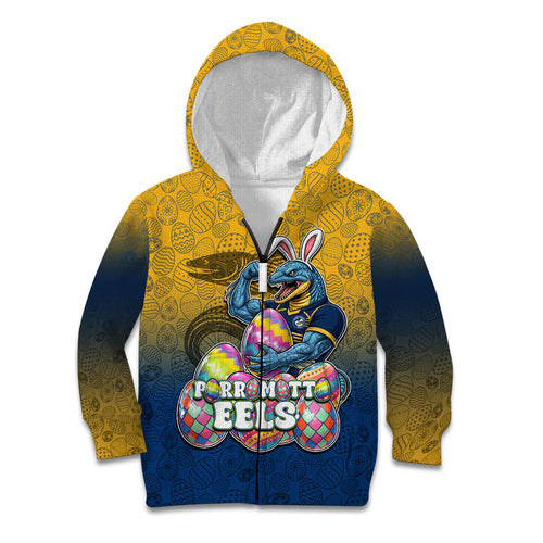 Personalized Parramatta Eels Kid Hoodie Easter Mascot - Colorful Eggs Cartoon Style