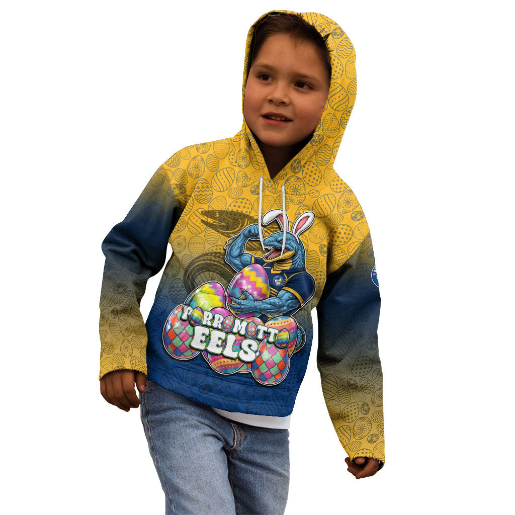 Personalized Parramatta Eels Kid Hoodie Easter Mascot - Colorful Eggs Cartoon Style