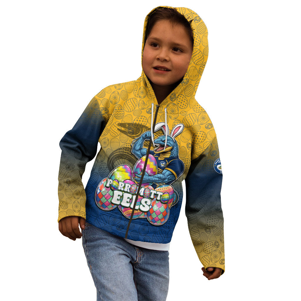 Personalized Parramatta Eels Kid Hoodie Easter Mascot - Colorful Eggs Cartoon Style