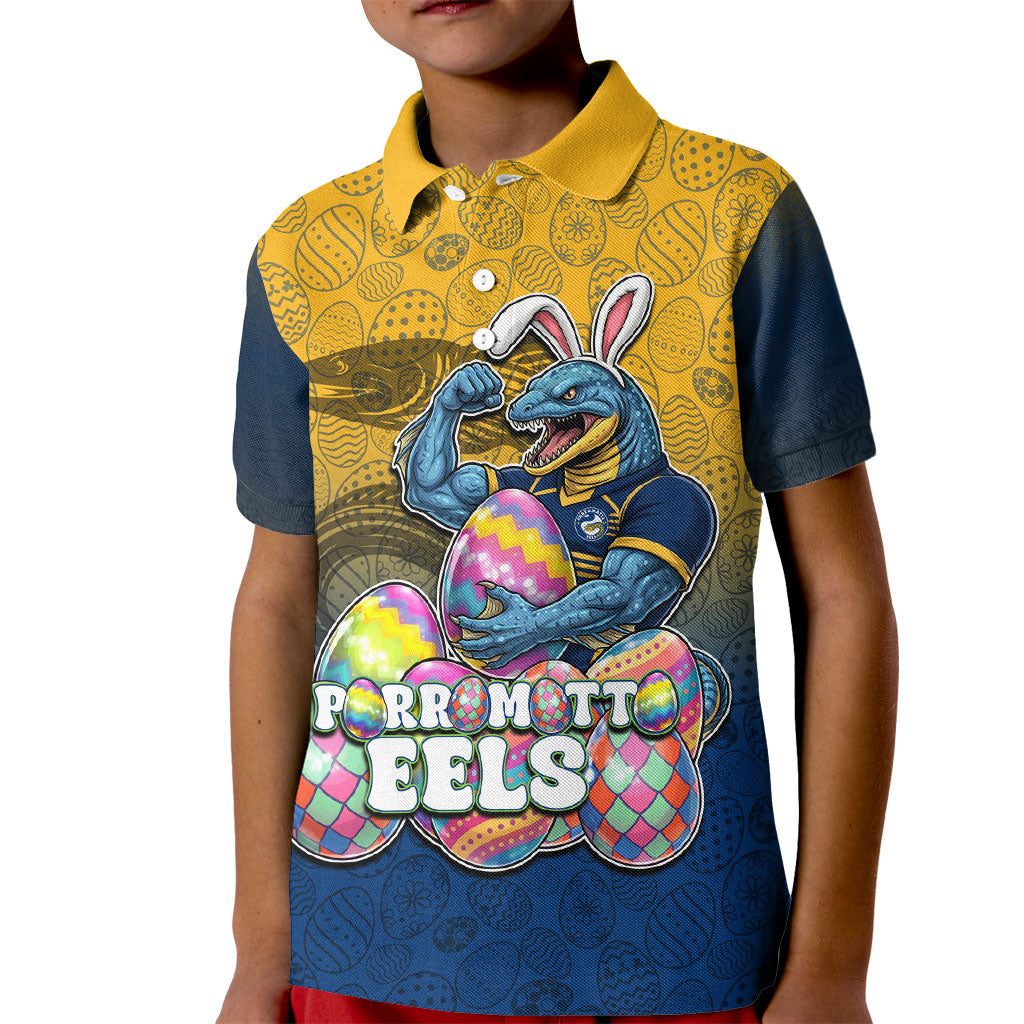 Personalized Parramatta Eels Kid Polo Shirt Easter Mascot - Colorful Eggs Cartoon Style