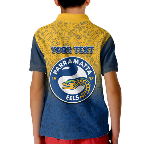 Personalized Parramatta Eels Kid Polo Shirt Easter Mascot - Colorful Eggs Cartoon Style