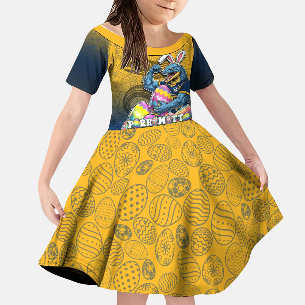 Personalized Parramatta Eels Kid Short Sleeve Dress Easter Mascot - Colorful Eggs Cartoon Style