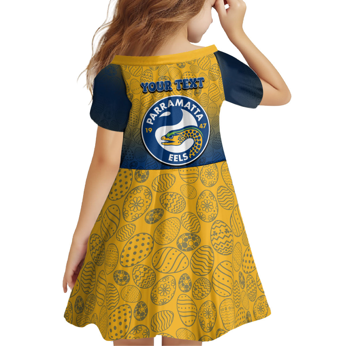 Personalized Parramatta Eels Kid Short Sleeve Dress Easter Mascot - Colorful Eggs Cartoon Style