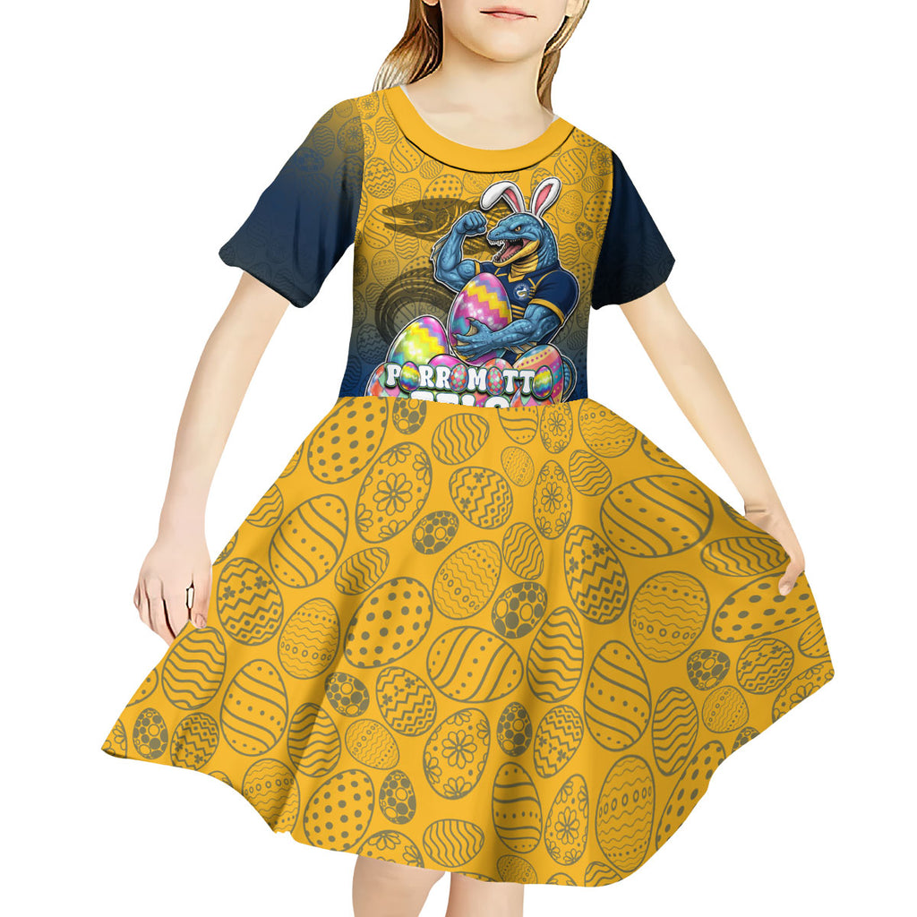 Personalized Parramatta Eels Kid Short Sleeve Dress Easter Mascot - Colorful Eggs Cartoon Style