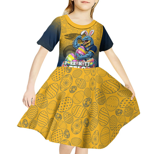 Personalized Parramatta Eels Kid Short Sleeve Dress Easter Mascot - Colorful Eggs Cartoon Style