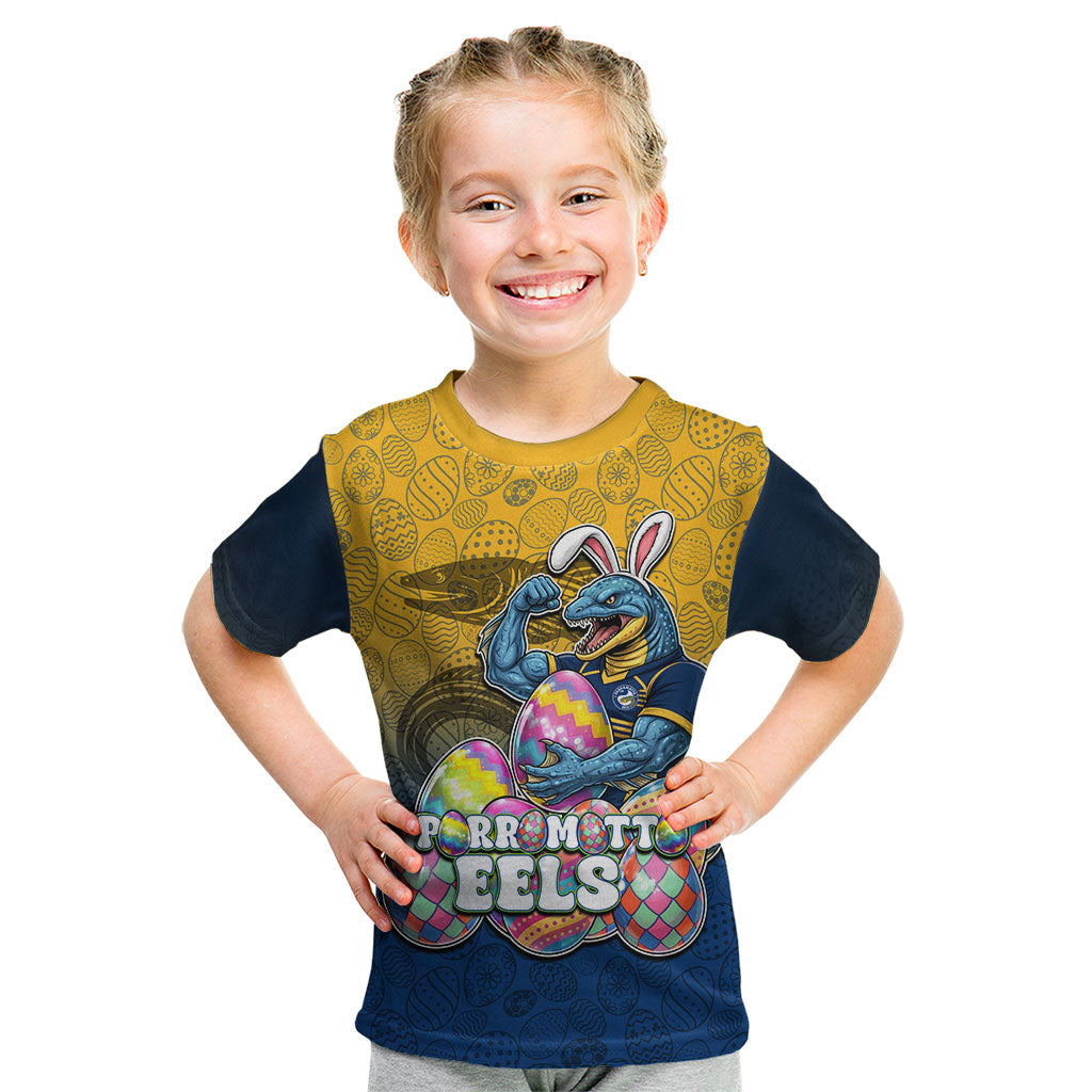 Personalized Parramatta Eels Kid T Shirt Easter Mascot - Colorful Eggs Cartoon Style
