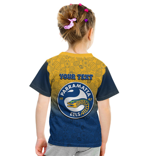 Personalized Parramatta Eels Kid T Shirt Easter Mascot - Colorful Eggs Cartoon Style