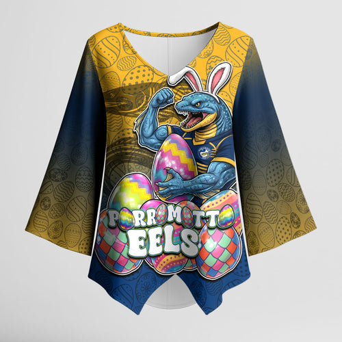Personalized Parramatta Eels Kimono Sleeve Blouse Easter Mascot - Colorful Eggs Cartoon Style