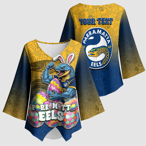 Personalized Parramatta Eels Kimono Sleeve Blouse Easter Mascot - Colorful Eggs Cartoon Style