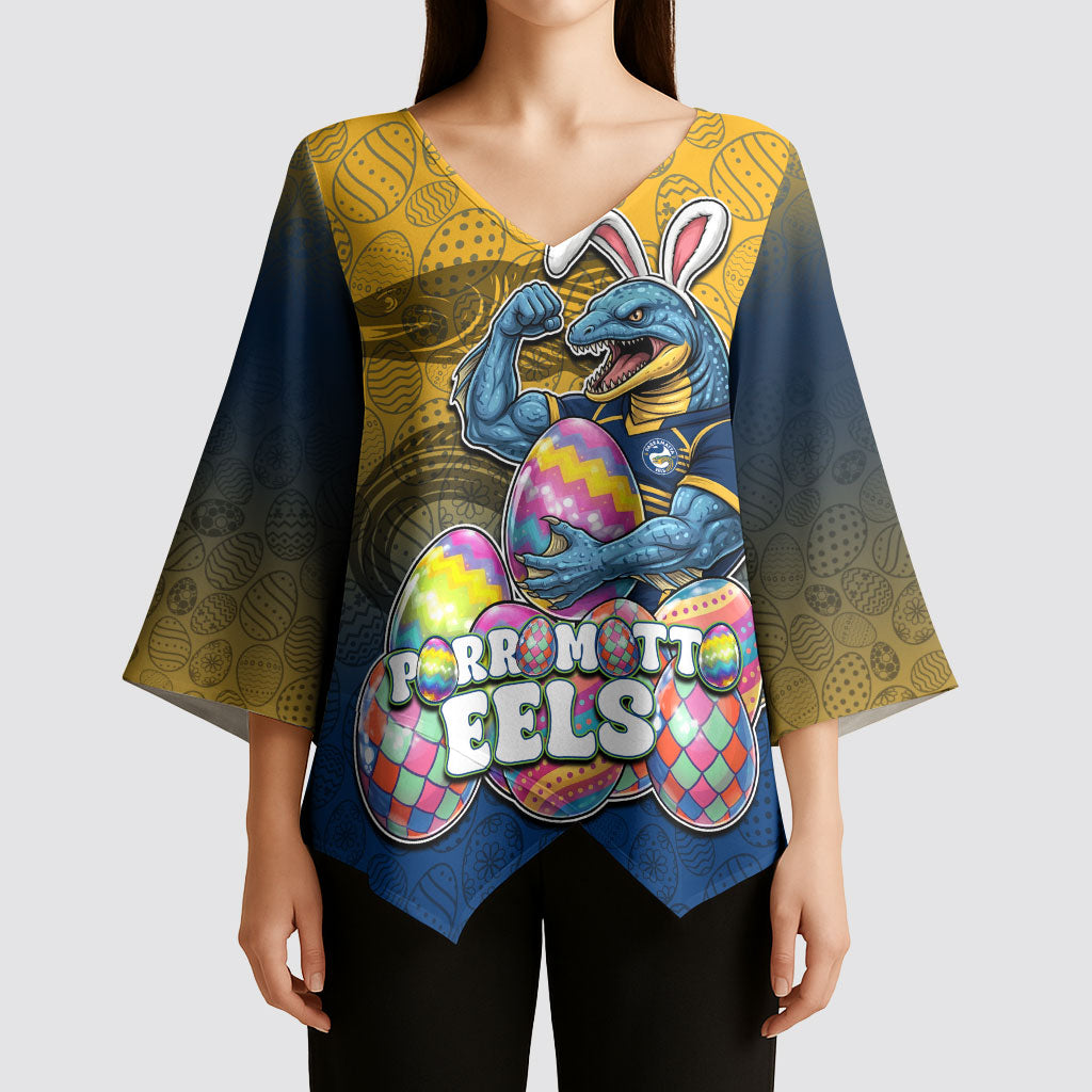 Personalized Parramatta Eels Kimono Sleeve Blouse Easter Mascot - Colorful Eggs Cartoon Style