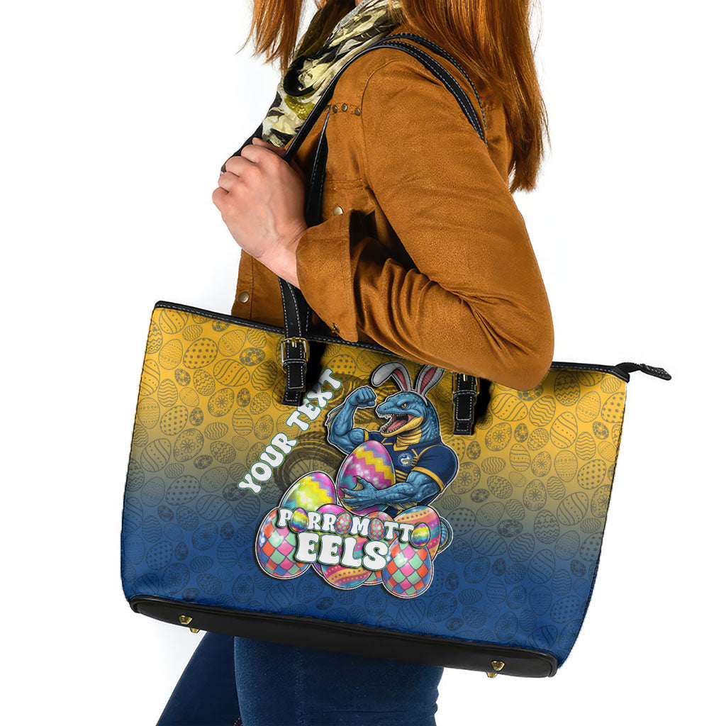 Personalized Parramatta Eels Leather Tote Bag Easter Mascot - Colorful Eggs Cartoon Style