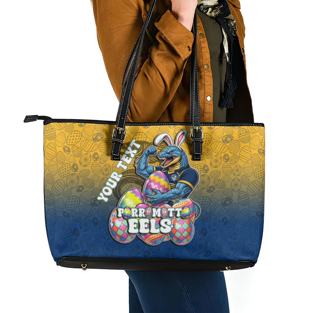 Personalized Parramatta Eels Leather Tote Bag Easter Mascot - Colorful Eggs Cartoon Style