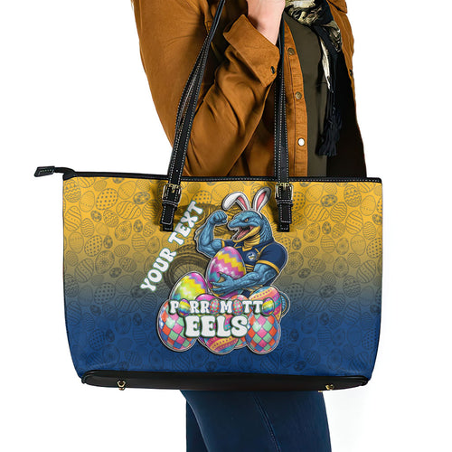 Personalized Parramatta Eels Leather Tote Bag Easter Mascot - Colorful Eggs Cartoon Style