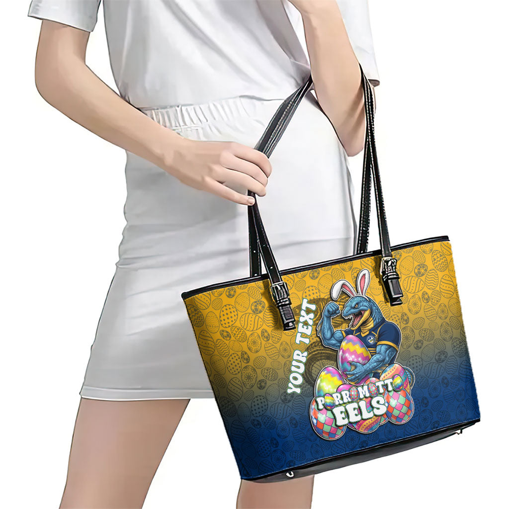 Personalized Parramatta Eels Leather Tote Bag Easter Mascot - Colorful Eggs Cartoon Style