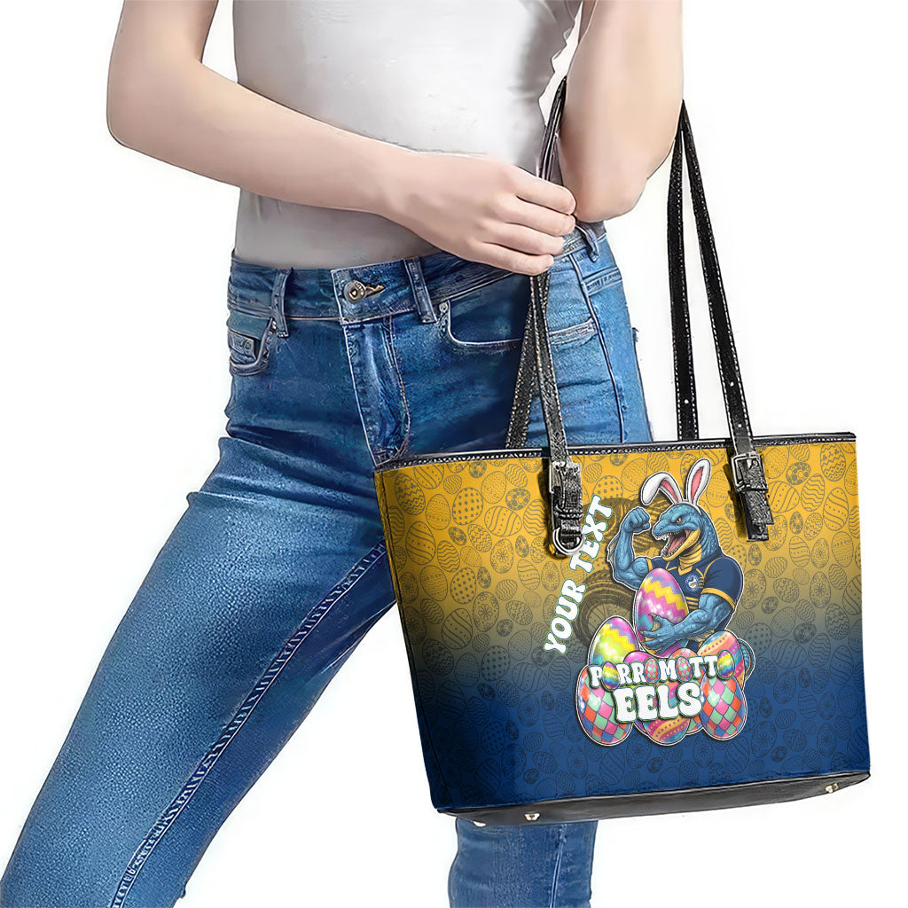 Personalized Parramatta Eels Leather Tote Bag Easter Mascot - Colorful Eggs Cartoon Style