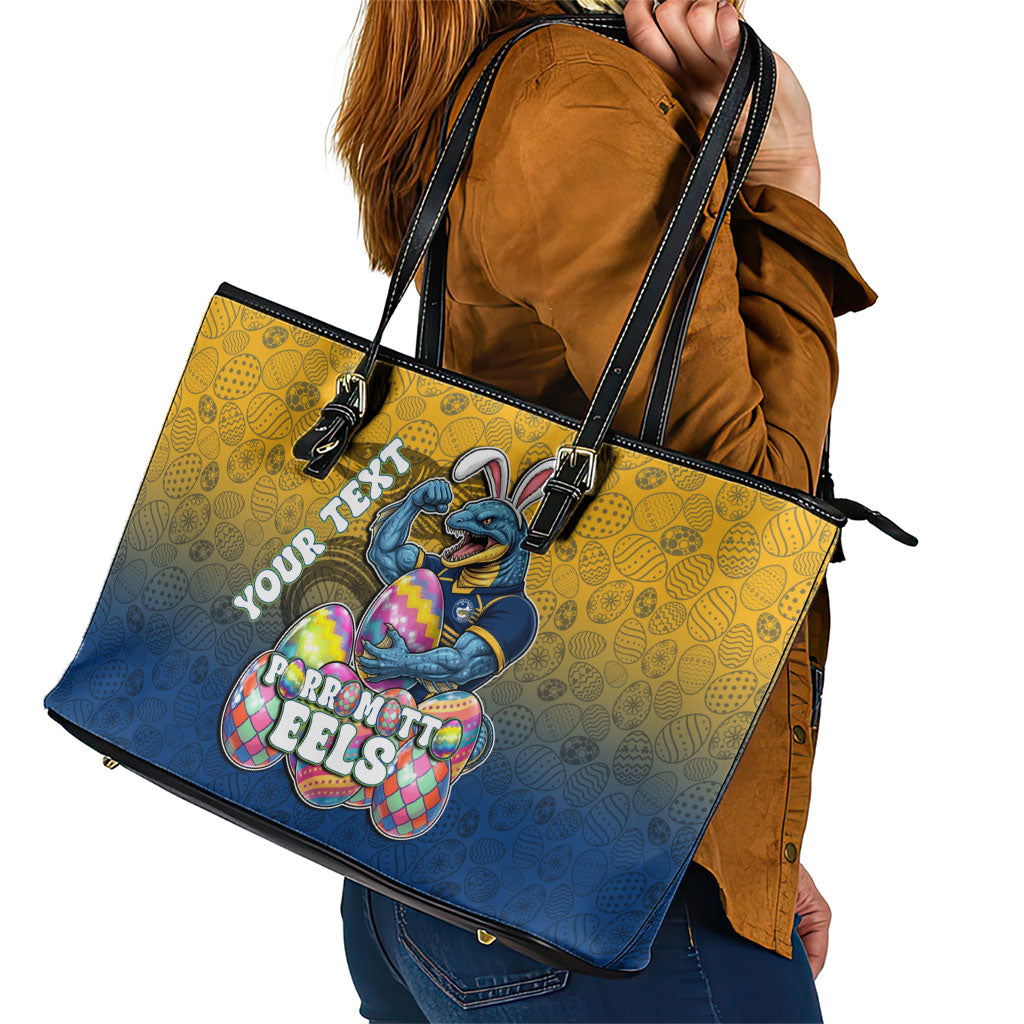 Personalized Parramatta Eels Leather Tote Bag Easter Mascot - Colorful Eggs Cartoon Style