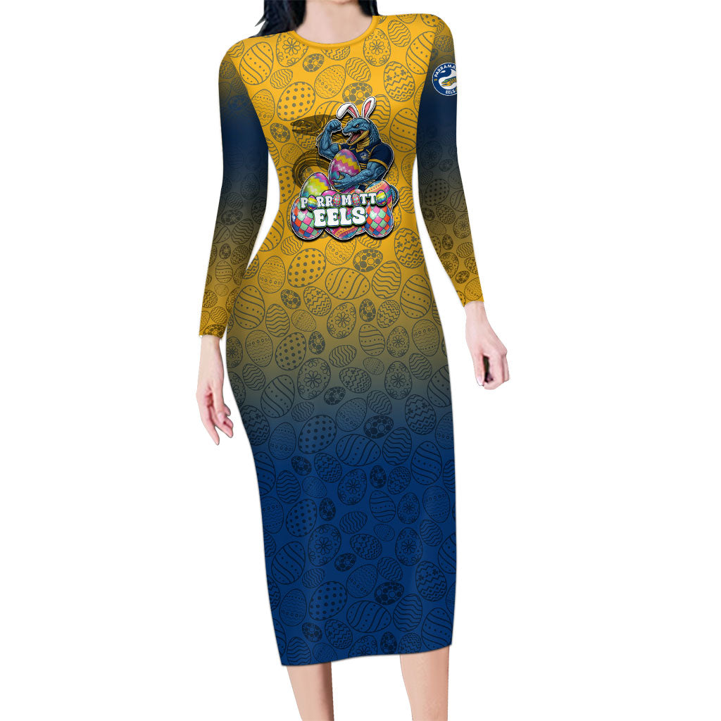 Personalized Parramatta Eels Long Sleeve Bodycon Dress Easter Mascot - Colorful Eggs Cartoon Style