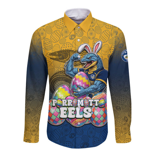 Personalized Parramatta Eels Long Sleeve Button Shirt Easter Mascot - Colorful Eggs Cartoon Style