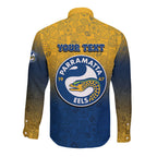 Personalized Parramatta Eels Long Sleeve Button Shirt Easter Mascot - Colorful Eggs Cartoon Style