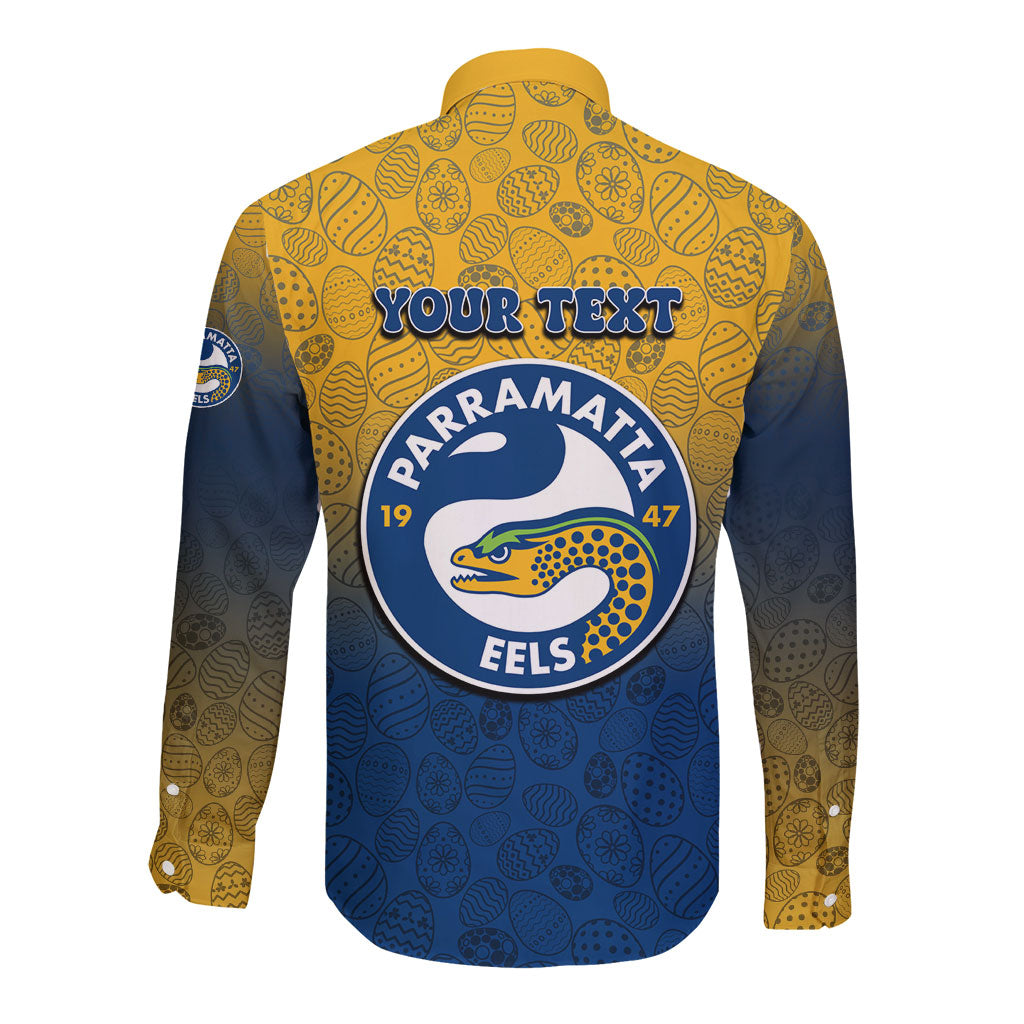 Personalized Parramatta Eels Long Sleeve Button Shirt Easter Mascot - Colorful Eggs Cartoon Style