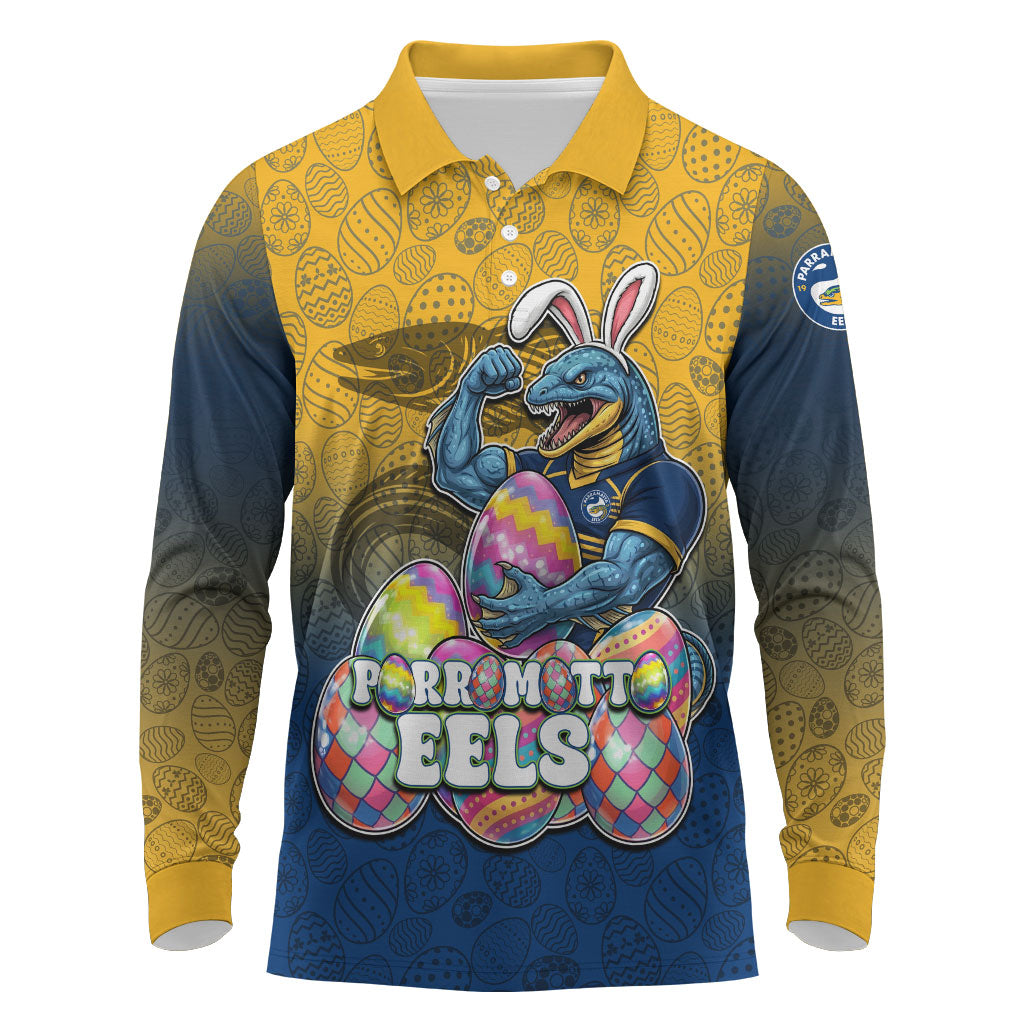 Personalized Parramatta Eels Long Sleeve Polo Shirt Easter Mascot - Colorful Eggs Cartoon Style