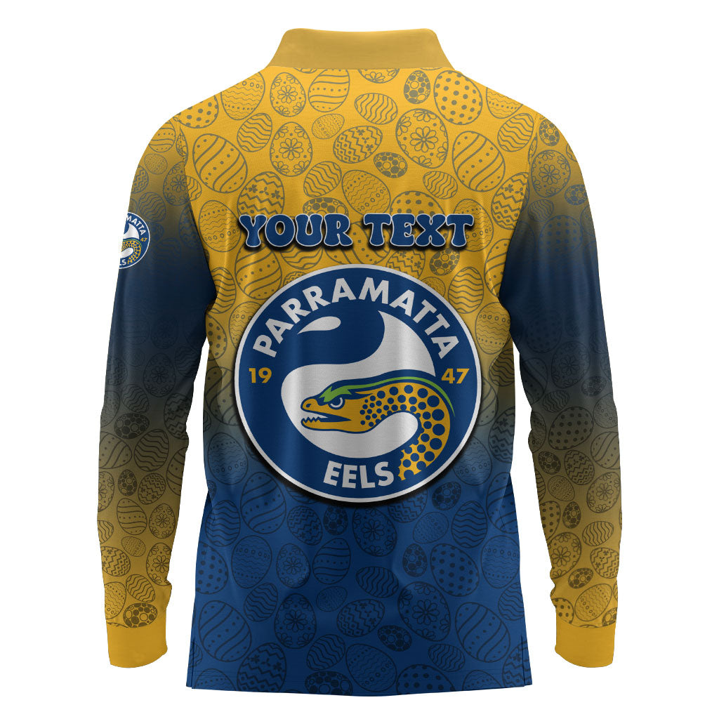 Personalized Parramatta Eels Long Sleeve Polo Shirt Easter Mascot - Colorful Eggs Cartoon Style