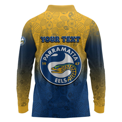 Personalized Parramatta Eels Long Sleeve Polo Shirt Easter Mascot - Colorful Eggs Cartoon Style