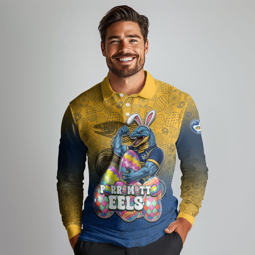 Personalized Parramatta Eels Long Sleeve Polo Shirt Easter Mascot - Colorful Eggs Cartoon Style