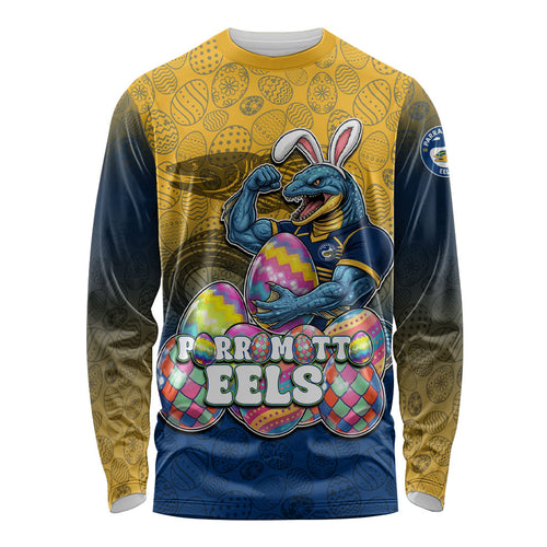 Personalized Parramatta Eels Long Sleeve Shirt Easter Mascot - Colorful Eggs Cartoon Style
