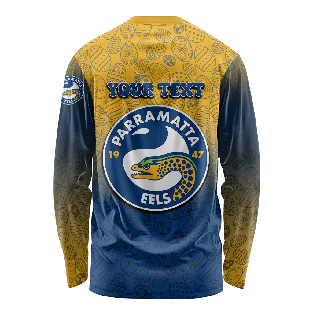 Personalized Parramatta Eels Long Sleeve Shirt Easter Mascot - Colorful Eggs Cartoon Style