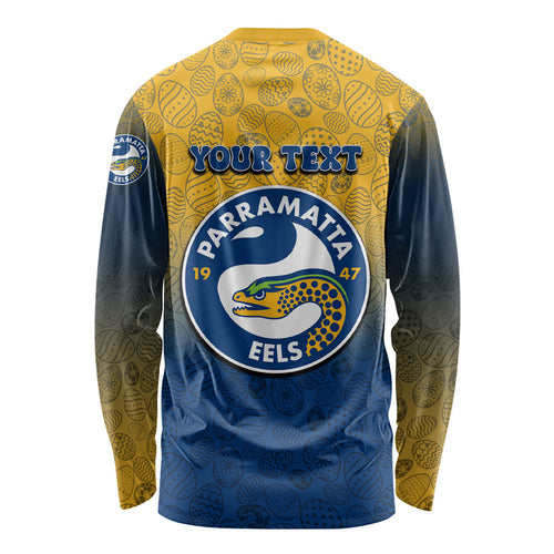 Personalized Parramatta Eels Long Sleeve Shirt Easter Mascot - Colorful Eggs Cartoon Style