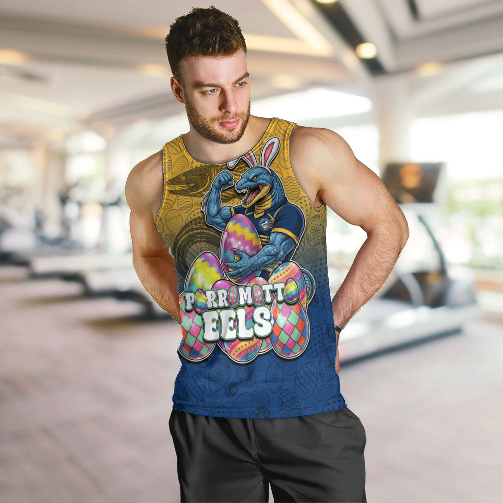 Personalized Parramatta Eels Men Tank Top Easter Mascot - Colorful Eggs Cartoon Style