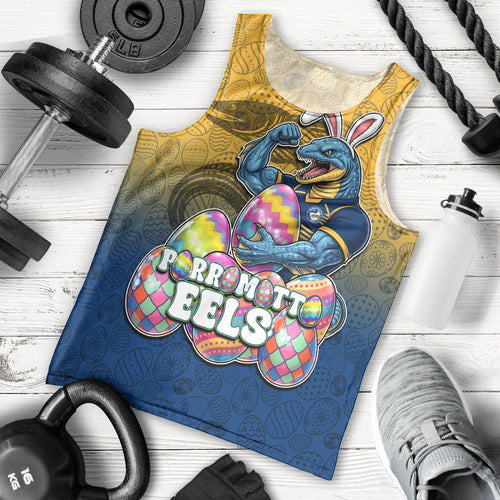 Personalized Parramatta Eels Men Tank Top Easter Mascot - Colorful Eggs Cartoon Style