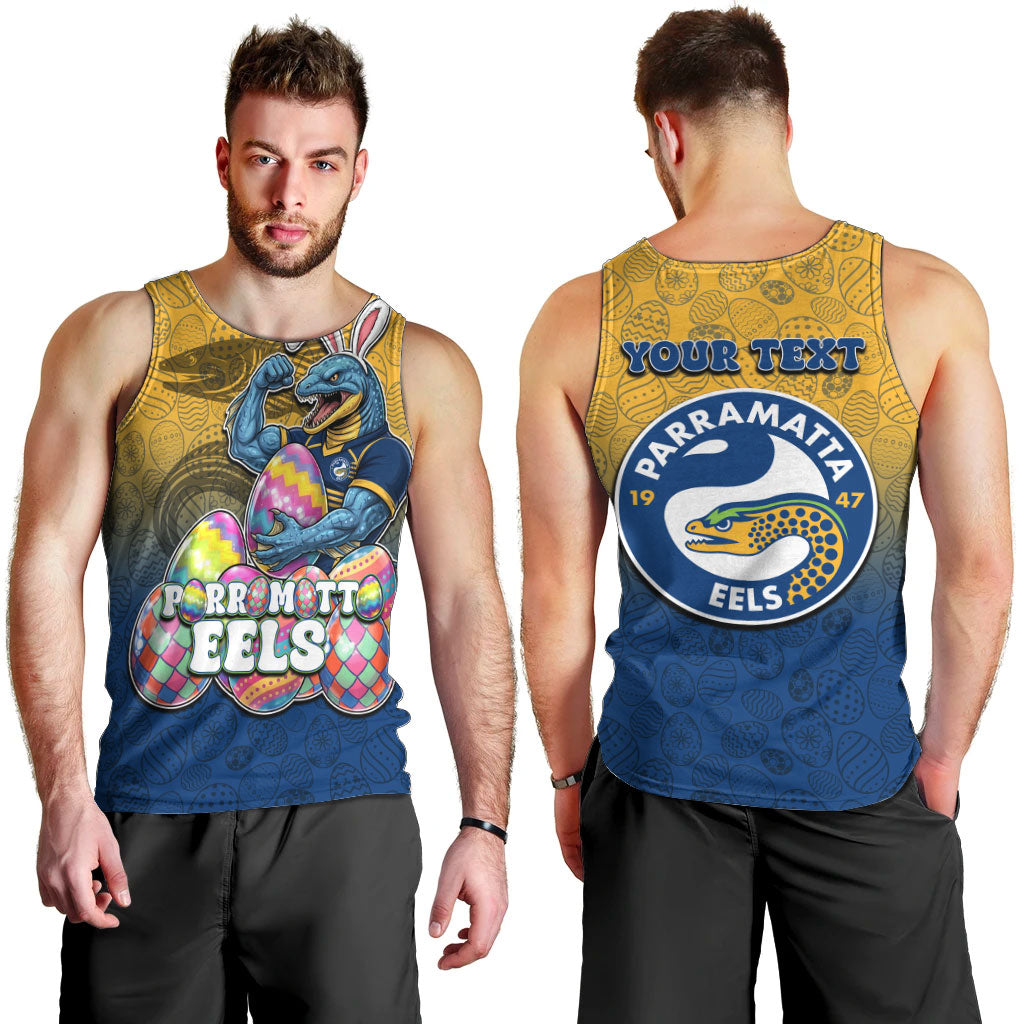 Personalized Parramatta Eels Men Tank Top Easter Mascot - Colorful Eggs Cartoon Style