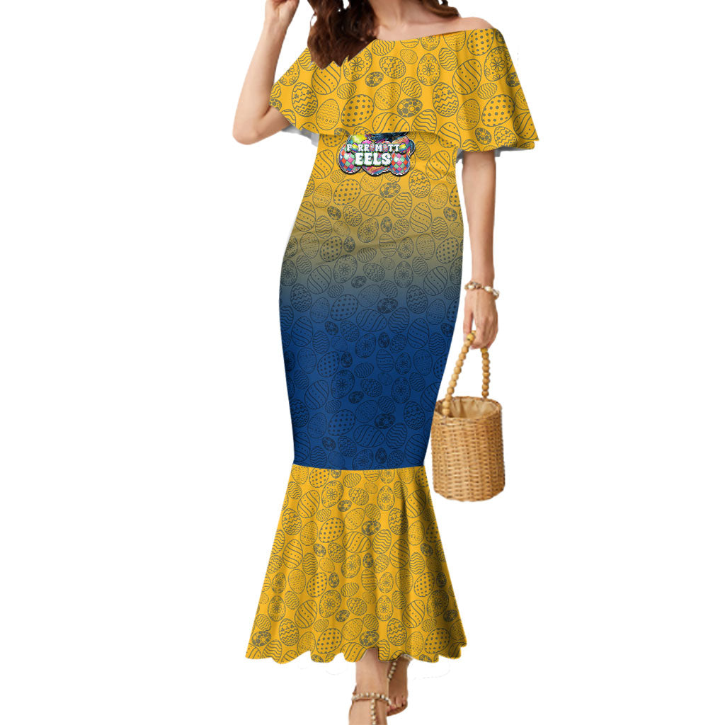 Personalized Parramatta Eels Mermaid Dress Easter Mascot - Colorful Eggs Cartoon Style