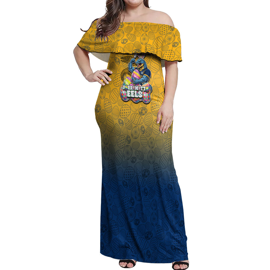 Personalized Parramatta Eels Off Shoulder Maxi Dress Easter Mascot - Colorful Eggs Cartoon Style