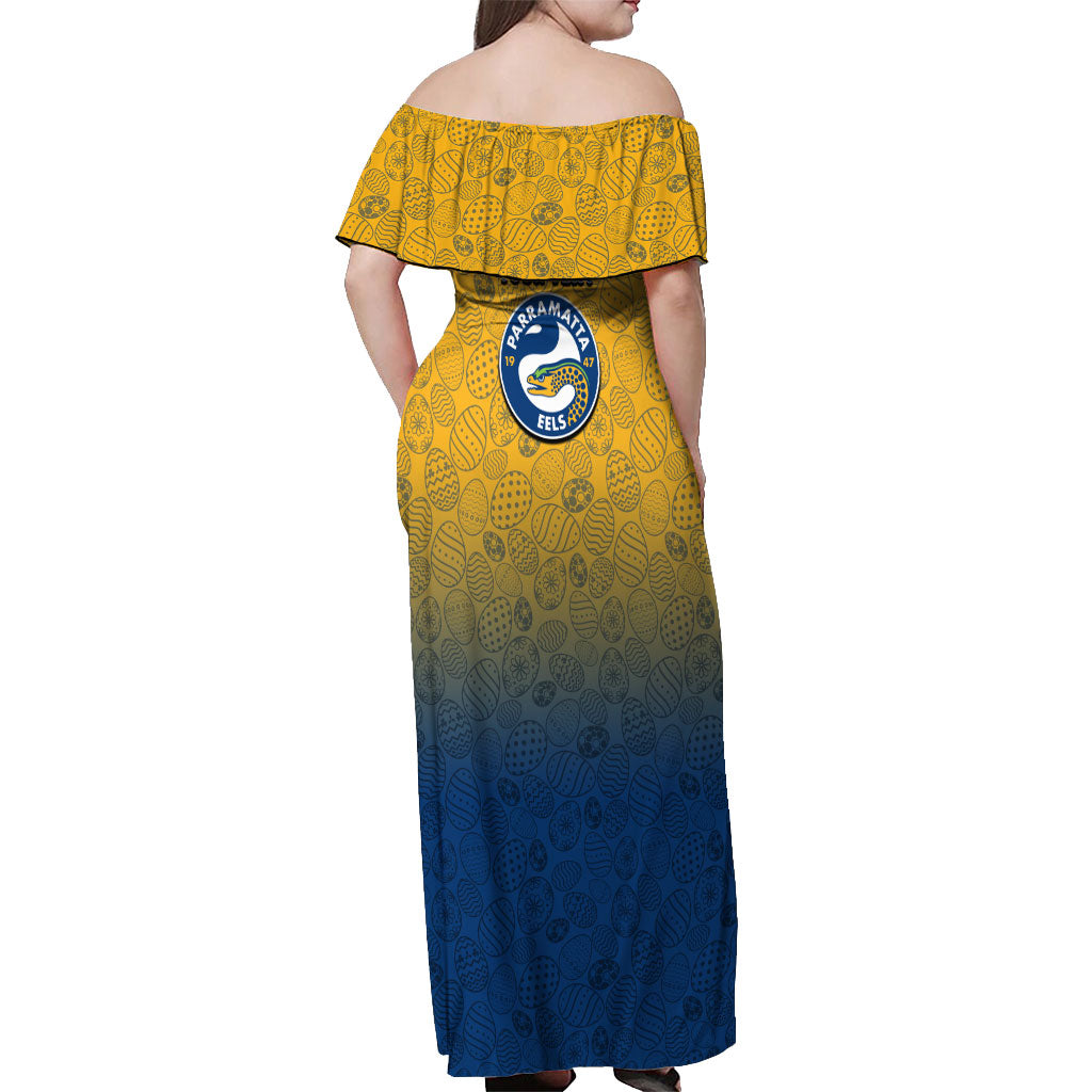 Personalized Parramatta Eels Off Shoulder Maxi Dress Easter Mascot - Colorful Eggs Cartoon Style